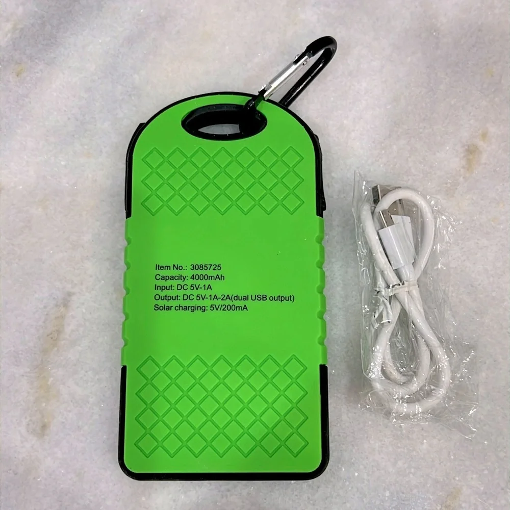 Lime Green Solar Bank with USB Charging Cable and Carabiner